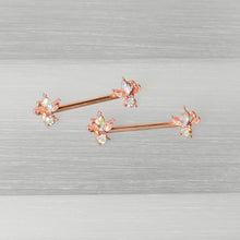 Load image into Gallery viewer, 14G 5/8 Aurora CZ Gem Rosy Hue Fleur de Lis Butterfly Barbell Nipple Ring Set
