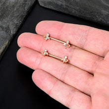 Load image into Gallery viewer, 14G 5/8 Aurora CZ Gem Rosy Hue Fleur de Lis Butterfly Barbell Nipple Ring Set
