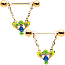 Load image into Gallery viewer, 14G 9/16 Blue Gem Gold Hue Tropic Fan Chain Dangle Nipple Ring Set
