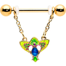 Load image into Gallery viewer, 14G 9/16 Blue Gem Gold Hue Tropic Fan Chain Dangle Nipple Ring Set
