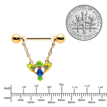 Load image into Gallery viewer, 14G 9/16 Blue Gem Gold Hue Tropic Fan Chain Dangle Nipple Ring Set
