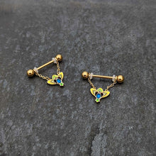 Load image into Gallery viewer, 14G 9/16 Blue Gem Gold Hue Tropic Fan Chain Dangle Nipple Ring Set
