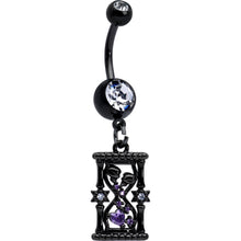 Load image into Gallery viewer, Clear Purple Gem Black Goth Heart Skulls Hourglass Dangle Belly Ring
