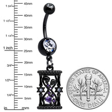 Load image into Gallery viewer, Clear Purple Gem Black Goth Heart Skulls Hourglass Dangle Belly Ring
