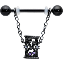 Load image into Gallery viewer, 14G 5/8 Purple Gem Black Goth Hourglass Chain Dangle Nipple Ring Set
