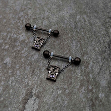 Load image into Gallery viewer, 14G 5/8 Purple Gem Black Goth Hourglass Chain Dangle Nipple Ring Set
