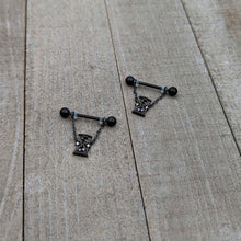 Load image into Gallery viewer, 14G 5/8 Purple Gem Black Goth Hourglass Chain Dangle Nipple Ring Set
