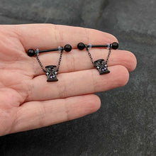 Load image into Gallery viewer, 14G 5/8 Purple Gem Black Goth Hourglass Chain Dangle Nipple Ring Set
