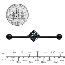 Load image into Gallery viewer, 14G Blue Gem Black Lacy Rhombus Industrial Barbell 38mm
