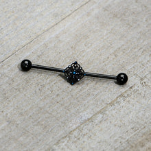 Load image into Gallery viewer, 14G Blue Gem Black Lacy Rhombus Industrial Barbell 38mm
