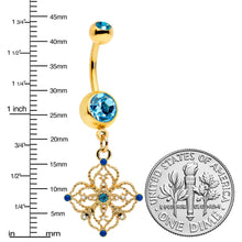 Load image into Gallery viewer, Blue Gem Gold Tone Texture Emblem Dangle Belly Ring
