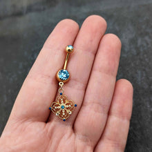 Load image into Gallery viewer, Blue Gem Gold Tone Texture Emblem Dangle Belly Ring
