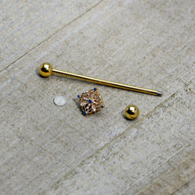 Load image into Gallery viewer, 14G Blue Gem Gold Tone Texture Emblem Industrial Barbell 38mm
