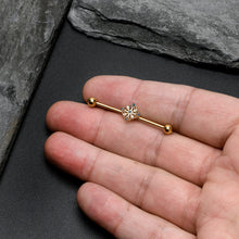 Load image into Gallery viewer, 14G Blue Gem Gold Tone Texture Emblem Industrial Barbell 38mm
