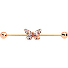 Load image into Gallery viewer, 14G Clear Gem Rosy Tone Baroque Butterfly Industrial Barbell 38mm
