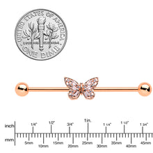 Load image into Gallery viewer, 14G Clear Gem Rosy Tone Baroque Butterfly Industrial Barbell 38mm
