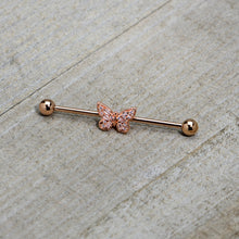 Load image into Gallery viewer, 14G Clear Gem Rosy Tone Baroque Butterfly Industrial Barbell 38mm
