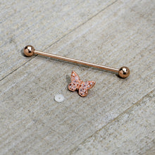 Load image into Gallery viewer, 14G Clear Gem Rosy Tone Baroque Butterfly Industrial Barbell 38mm
