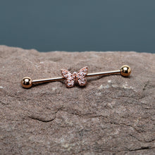 Load image into Gallery viewer, 14G Clear Gem Rosy Tone Baroque Butterfly Industrial Barbell 38mm
