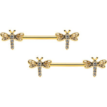 Load image into Gallery viewer, 14G 9/16 Clear Gem Gold Tone Flying Dragonfly Nipple Ring Set
