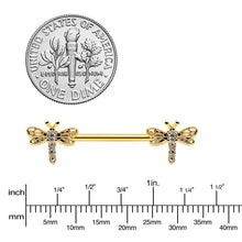 Load image into Gallery viewer, 14G 9/16 Clear Gem Gold Tone Flying Dragonfly Nipple Ring Set
