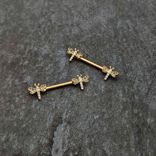 Load image into Gallery viewer, 14G 9/16 Clear Gem Gold Tone Flying Dragonfly Nipple Ring Set
