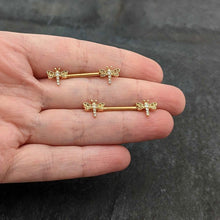 Load image into Gallery viewer, 14G 9/16 Clear Gem Gold Tone Flying Dragonfly Nipple Ring Set
