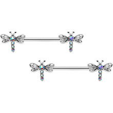 Load image into Gallery viewer, 14G 9/16 Aurora Gem Ornate Dragonflies Barbell Nipple Ring Set

