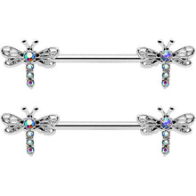 Load image into Gallery viewer, 14G 9/16 Aurora Gem Ornate Dragonflies Barbell Nipple Ring Set
