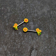 Load image into Gallery viewer, 14G 9/16 Happy Yellow Sunflower Trio Barbell Nipple Ring Set
