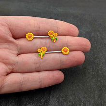 Load image into Gallery viewer, 14G 9/16 Happy Yellow Sunflower Trio Barbell Nipple Ring Set
