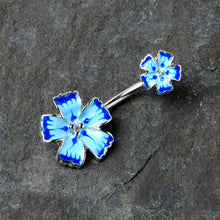 Load image into Gallery viewer, Blue Flower Textured Center Double Mount Belly Ring
