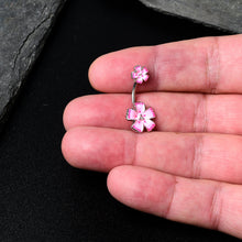 Load image into Gallery viewer, Pink Flower Textured Center Double Mount Belly Ring
