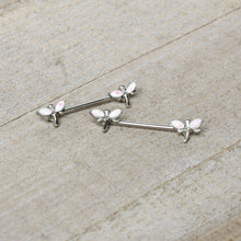 Load image into Gallery viewer, 14G 5/8 White Faux Opal Styled Dragonfly Barbell Nipple Ring Set
