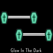 Load image into Gallery viewer, 14G 9/16 Creepy Coffin Lt Purple Glow in the Dark Nipple Ring Set
