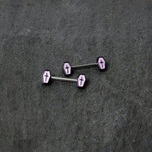 Load image into Gallery viewer, 14G 9/16 Creepy Coffin Lt Purple Glow in the Dark Nipple Ring Set
