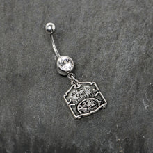 Load image into Gallery viewer, Officially Licensed Friday the 13th Clear Gem Camp Sign Dangle Belly Ring
