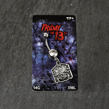 Load image into Gallery viewer, Officially Licensed Friday the 13th Clear Gem Camp Sign Dangle Belly Ring
