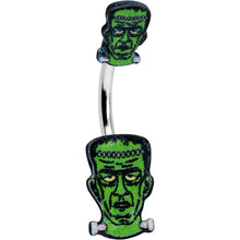 Load image into Gallery viewer, Frankenstein Head Green Glow in the Dark Double Mount Belly Ring
