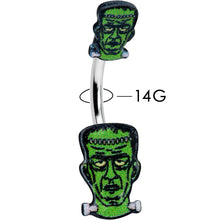 Load image into Gallery viewer, Frankenstein Head Green Glow in the Dark Double Mount Belly Ring
