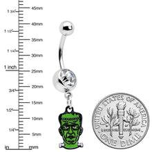 Load image into Gallery viewer, Clear Gem Frankenstein Head Green Glow in the Dark Dangle Belly Ring
