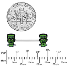 Load image into Gallery viewer, 14G 9/16 Frankenstein Head Green Glow in the Dark Nipple Ring Set
