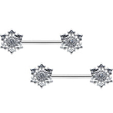 Load image into Gallery viewer, 14G 9/16 Clear Gem Filigree Winter Snowflake Nipple Ring Set
