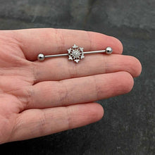 Load image into Gallery viewer, 14G Clear Gem Filigree Winter Snowflake Industrial Barbell 38mm
