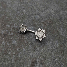 Load image into Gallery viewer, Clear Gem Filigree Winter Snowflakes Double Mount Belly Ring

