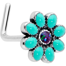 Load image into Gallery viewer, 20G 7mm Blue Gem Flower Teal Petals L Shape Nose Ring
