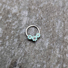Load image into Gallery viewer, 16G 3/8 Blue Gem Flower Trio Teal Petals Hinged Segment Ring
