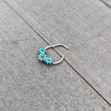 Load image into Gallery viewer, 16G 3/8 Blue Gem Flower Trio Teal Petals Hinged Segment Ring
