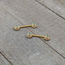 Load image into Gallery viewer, 14G 9/16 Red Gem Gold Hue Deco Holiday Tree Barbell Nipple Ring Set

