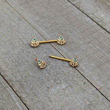 Load image into Gallery viewer, 14G 9/16 Red Gem Gold Hue Deco Holiday Tree Barbell Nipple Ring Set
